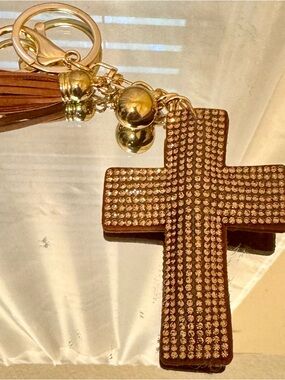 Rhinestone Cross Keychain Tassel Key & Card Holder - Brown